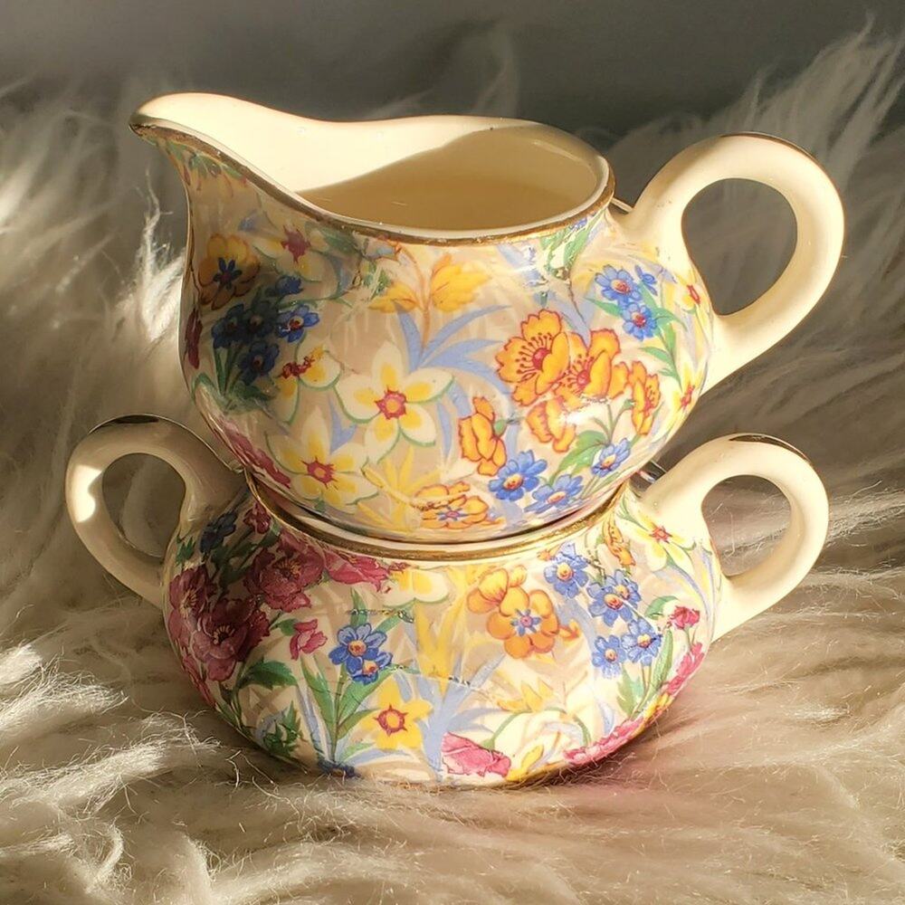Vintage Erphila Cherry Chintz Stacking Cream & Sugar Set